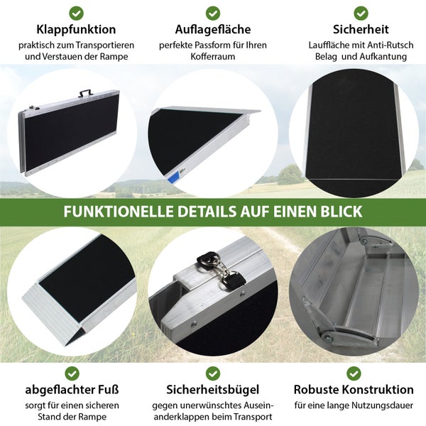 Funktionale Details einer Rampe: Klappfunktion, Auflagefläche, Sicherheit, abgeflachter Fuß, Sicherheitsbügel, robuste Konstruktion