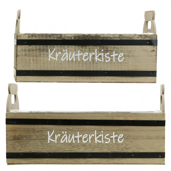 Zwei Kräuterkästen aus Holz mit dem Schriftzug 'Kräuterkiste'.