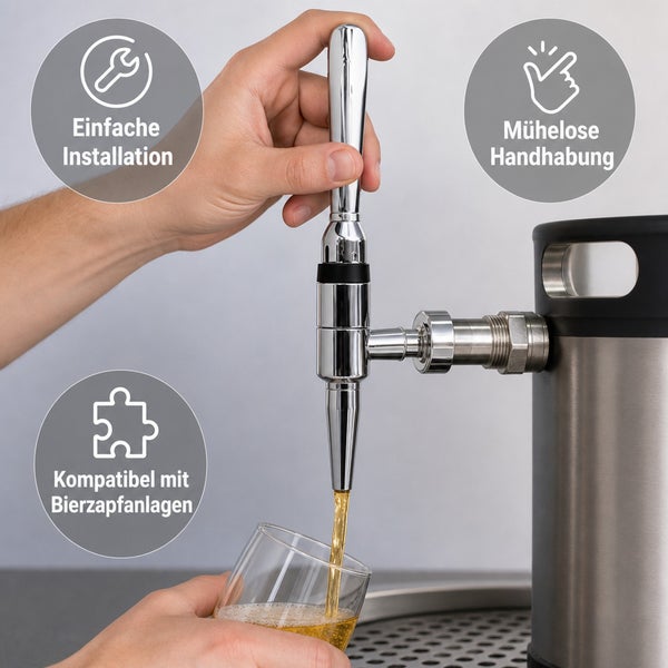Eine Hand bedient einen verchromten Bierzapfhahn an einem Fass, mit Hinweisen auf einfache Installation, mühelose Handhabung und Kompatibilität.