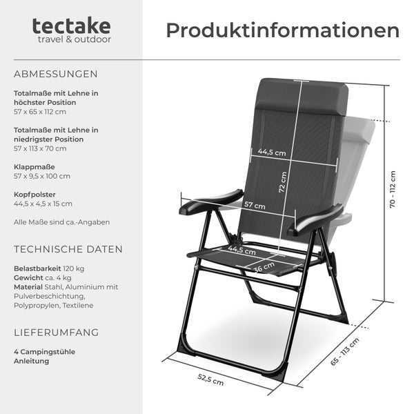 Campingstuhl tectake Müritz Belastbarkeit 120 kg, 57 x 65 x 112 cm klappbar anthrazit