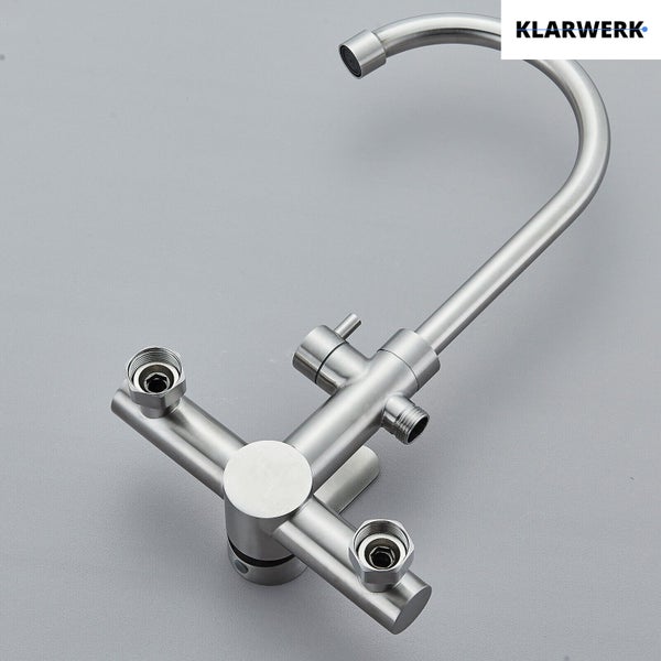 JULIE | Gastronomie Mischbatterie Wandmontage Armatur Silber | Profi Küchenarmatur Edelstahl mit Handbrause | Wasserhahn Restaurant Wand hoher Auslauf