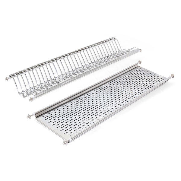 Zweiteiliges Abtropfgestell-Set aus Edelstahl für Schränke, bestehend aus Tellerhalter und Abtropfblech mit Haltestiften.