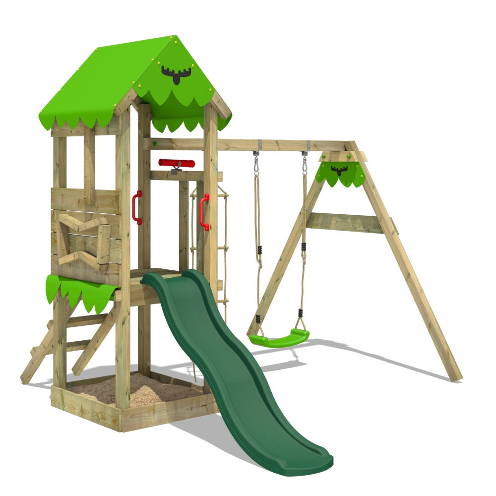 Fatmoose Spielturm Klettergerüst FriendlyFrenzy mit Schaukel und Rutsche, Kletterturm mit Sandkasten, Leiter und Spiel-Zubehör – grün