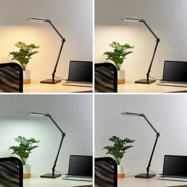 Schwarze LED-Schreibtischlampe mit verstellbarem Arm auf einem Schreibtisch, zeigt verschiedene Farbtemperaturen von warmweiß bis tageslichtweiß.