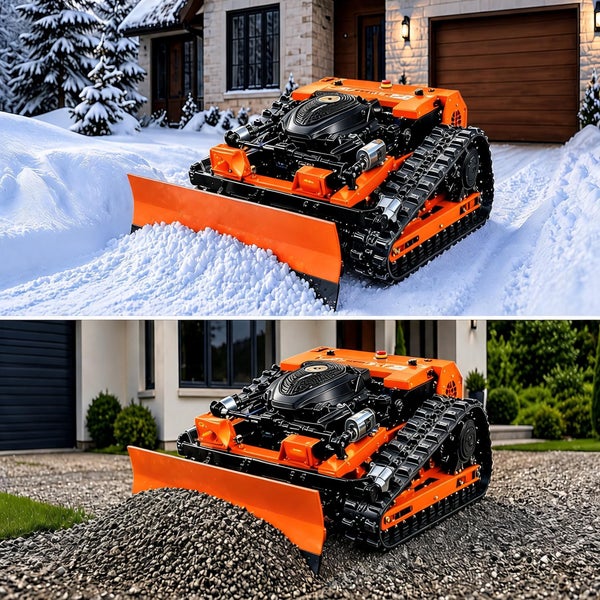 Ferngesteuertes Kettenfahrzeug mit Räumschild schiebt Schnee und Schotter vor einem Wohnhaus.