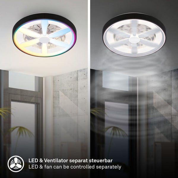 LED Deckenleuchte mit integriertem Ventilator, Licht und Ventilator separat steuerbar, Funktionen fuer Farbwechsel und Luftzirkulation
