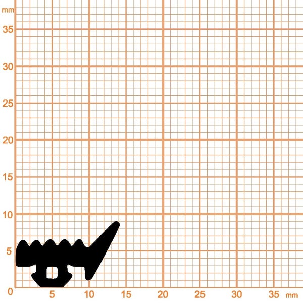 Querschnitt eines schwarzen Dichtungsprofils auf Millimeterpapier, Höhe circa 8 Millimeter, Breite circa 14 Millimeter.