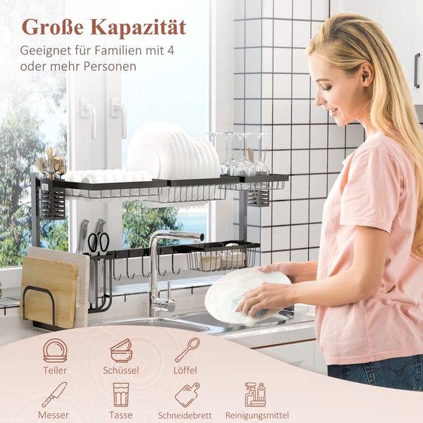 HOMCOM Abtropfgestell Geschirr, 2-stufiges Abtropfständer mit Haken, Abtropfschale, Abtropfgitter Gestell für Küchenspüle, Stahl, Schwarz