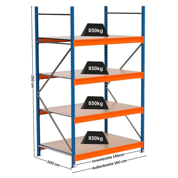 Schwerlastregal mit vier Ebenen und einer Traglast von 850 Kilogramm pro Ebene