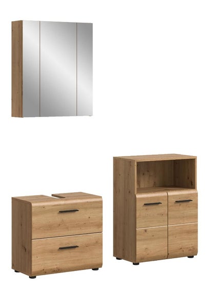Dreiteiliges Badezimmermöbel-Set in Eichenoptik mit Spiegelschrank, Waschbeckenunterschrank und Beistellschrank sowie schwarzen Griffen.