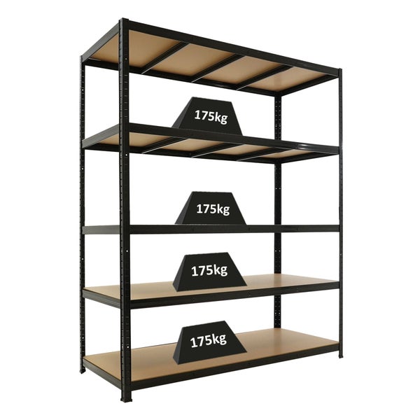 Schwerlastregal aus Metall mit fünf Fachböden aus Holz, Tragkraft pro Boden einhundertfünfundsiebzig Kilogramm.