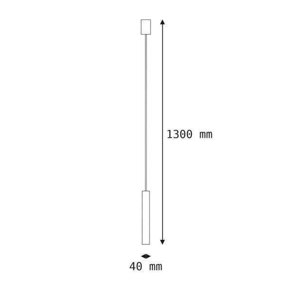 Technische Zeichnung einer Pendelleuchte mit einer Gesamthöhe von 1300 Millimetern und einem Durchmesser von 40 Millimetern.