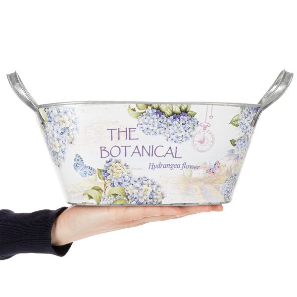Ovaler Zinktopf mit Henkeln, dekoriert mit einem Hortensien-Motiv und botanischem Schriftzug.