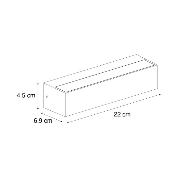 Technische Zeichnung einer rechteckigen Wandleuchte mit den Maßen Höhe 4,5 Zentimeter, Breite 22 Zentimeter und Tiefe 6,9 Zentimeter.