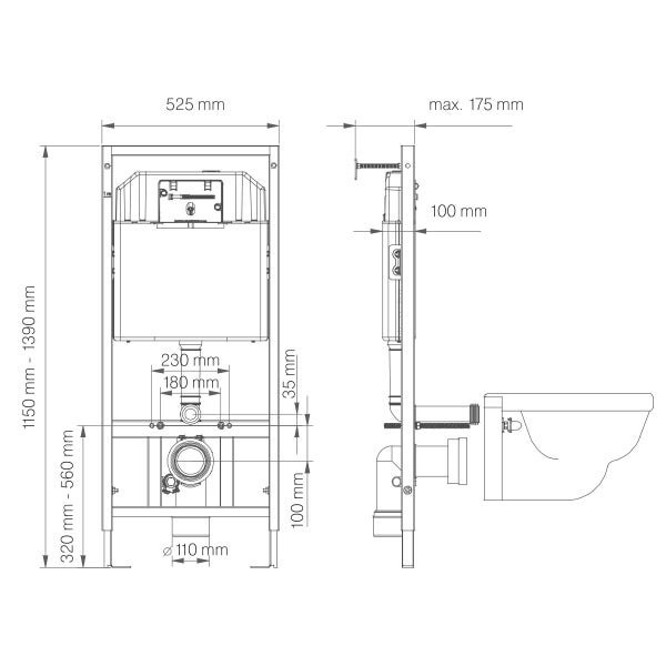 Technische Zeichnung eines Toiletten-Vorwandelements mit Maßangaben für Breite, Höhe und Tiefe in Millimetern.