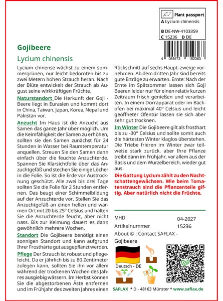 SAFLAX  - Gojibeere - Lycium chinensis - 200 Samen - Mit keimfreiem Anzuchtsubstrat