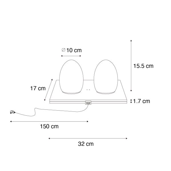 Maßzeichnung einer Tischleuchte mit eiförmigen Leuchten: Länge 32 Zentimeter, Tiefe 17 Zentimeter, Höhe 15,5 Zentimeter, Kabellänge 150 Zentimeter.