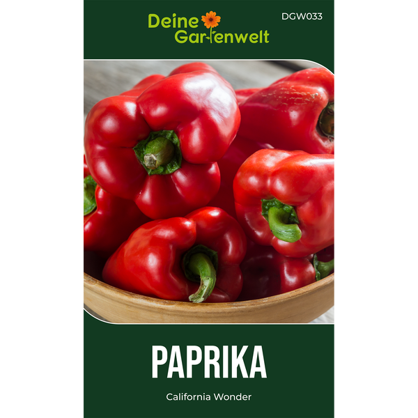 Deine Gartenwelt Logo, Paprika-Samen California Wonder, Abbildung reifer Paprikaschoten in einer Schale.