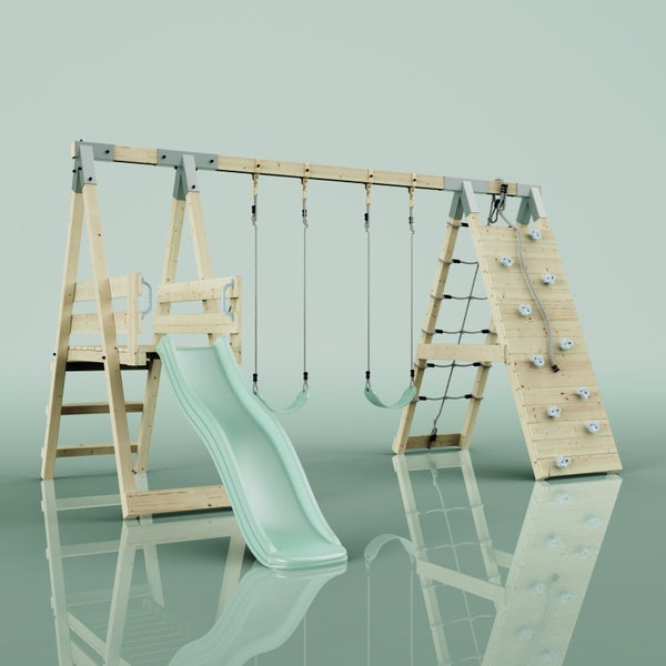 Schaukelgestell aus Holz mit zwei Schaukeln, Wellenrutsche, Kletterwand und Strickleiter.