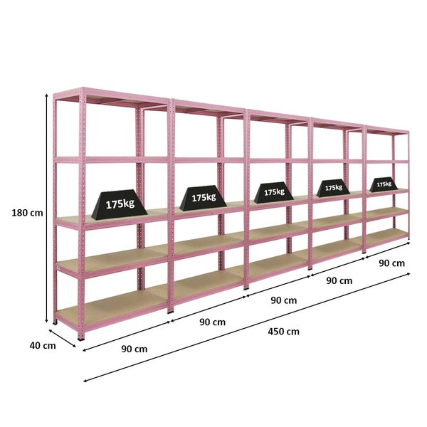Berlinlodge Mega Deal 5x Wohnregal PINK LADY, HxBxT 180x90x40cm, Fachlast 175kg, 5 Ebenen, Pink, Bücherregal, Standregal, Büroregal für Wohnzimmer, Schlafzimmer, Arbeitszimmer