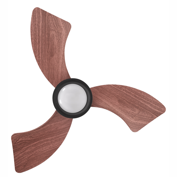 Deckenventilator mit drei Flügeln in Holzoptik und integrierter Beleuchtung in der Mitte.