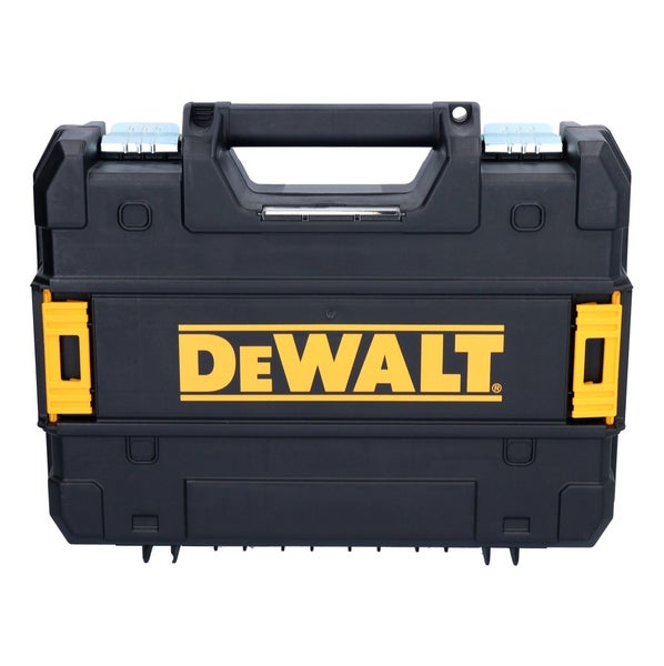 Schwarzer DeWalt Werkzeugkoffer aus Kunststoff mit Tragegriff, gelbem DeWalt-Logo und seitlichen gelben Verschlüssen.