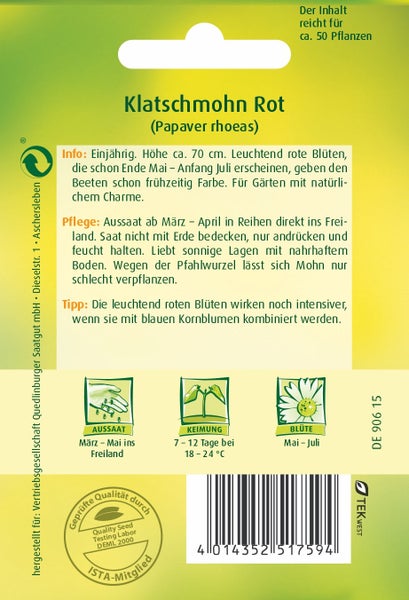 Rückseite der Samentüte Klatschmohn Rot mit Anbauhinweisen, Inhalt für circa 50 Pflanzen, TEKwest Logo und Qualitätssiegeln.