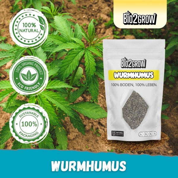 Bio2Grow Wurmhumus Sack mit den Aufschriften 100 Prozent natürlich, 100 Prozent organisches Produkt, umweltfreundlich und nachhaltige Verpackung