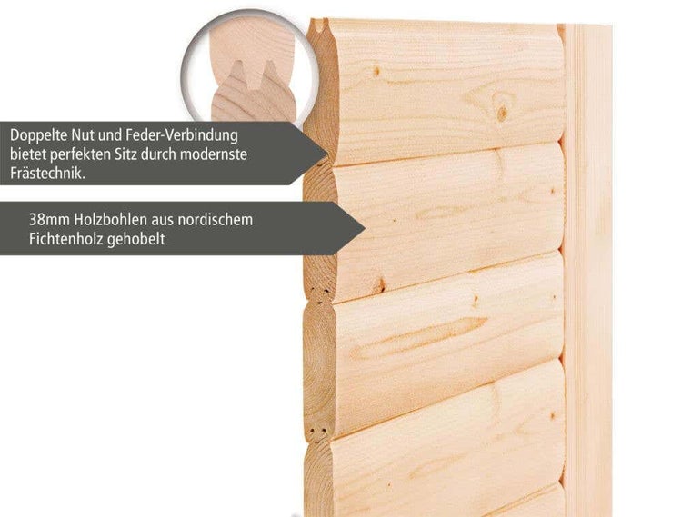 Blockbohlensauna Woodfeeling Leona ohne Ofen und Dachkranz mit graphit farbiger Ganzglastüre