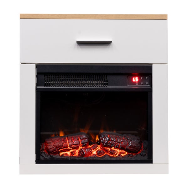 Elektrischer Kamin mit weißem Rahmen und simuliertem Holzfeuer