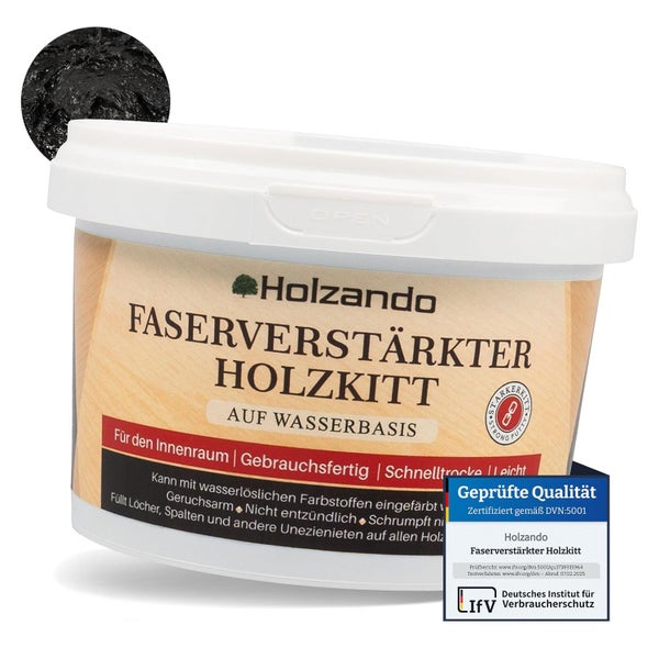 Holzando faserverstärkter Holzkitt auf Wasserbasis in einer Dose mit dem Geprüfte Qualität Siegel des Deutschen Instituts für Verbraucherschutz