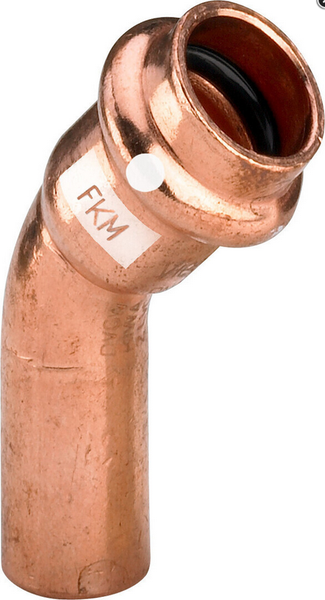 Pressfitting Kupferbogen 45 Grad mit einseitiger Muffe und FKM-Dichtung für Rohrleitungen.