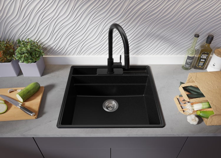 PRIMAGRAN Spülbecken Schwarz 58x53cm, Granitspüle 1 Becken + Ablauf-Set + Küchenzubehörset, Küchenspüle ab 60er Unterschrank - New York