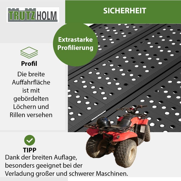 Trutzholm Auffahrrampe mit rutschfestem Profil für sicheres Verladen von Fahrzeugen und Maschinen mit breiter Lauffläche und Perforation
