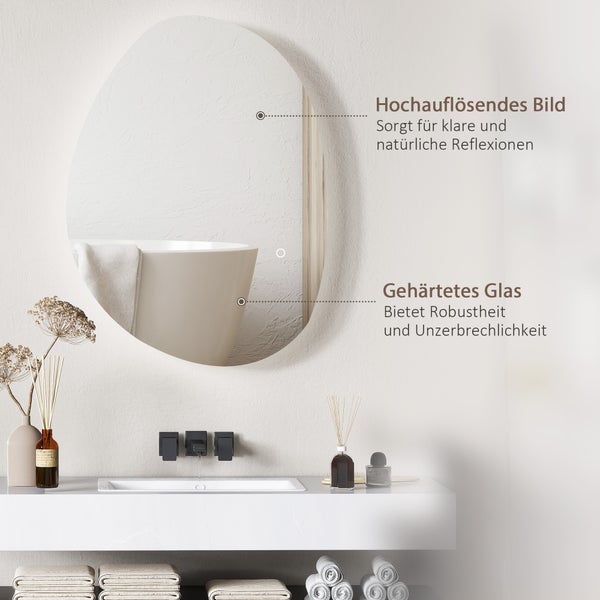 HOMCOM Badspiegel mit Beleuchtung 70x50 cm LED Spiegel mit Touchschalter, 3 Lichtfarben, Asymmetrischer Badezimmerspiegel mit Anti-Beschlag- & Memoryfunktion, Wandspiegel IP44, für Badezimmer