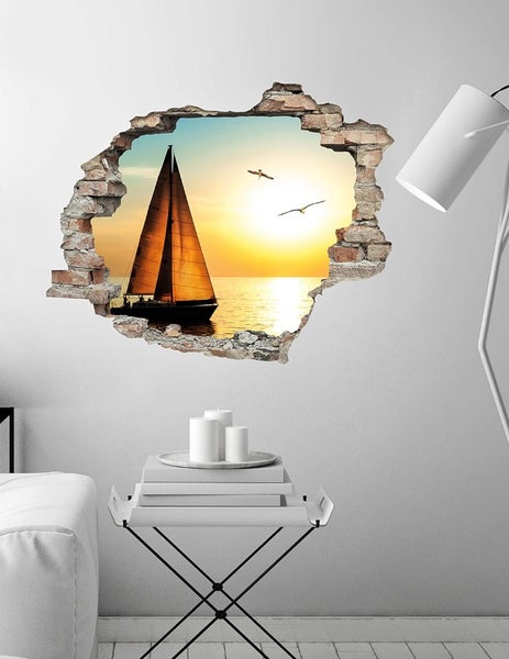 3D Wanddurchbruch selbstklebender Sticker Segelboot bei Sonnenaufgang WS0951_60x50 cm