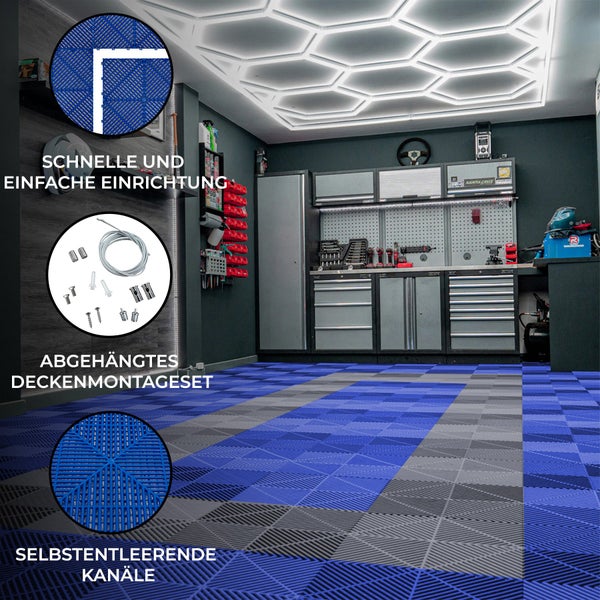 Belüftete Garagenbodenfliesen und sechseckige LED-Leuchten 90 Blaue x 30 Graue - mit Kanten