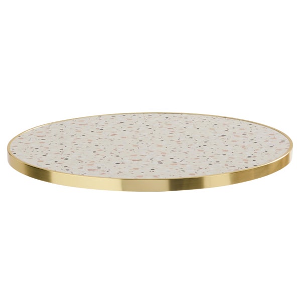 Runde Tischplatte mit Terrazzo Muster und goldfarbenem Metallrand