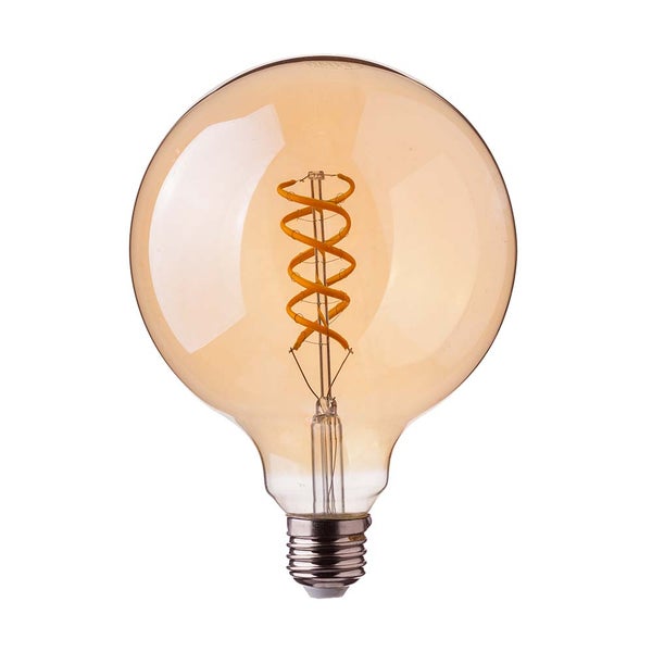LED-Leuchtmittel Globe G125 mit E27 Sockel, bernsteinfarbenem Glas und spiralförmigem Filament.