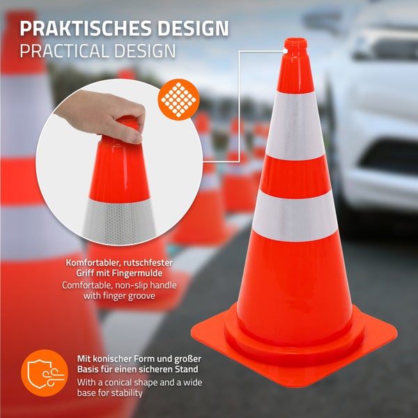 Warnkegel mit rutschfestem Griff, Fingermulde und breiter Standfläche für hohe Stabilität.