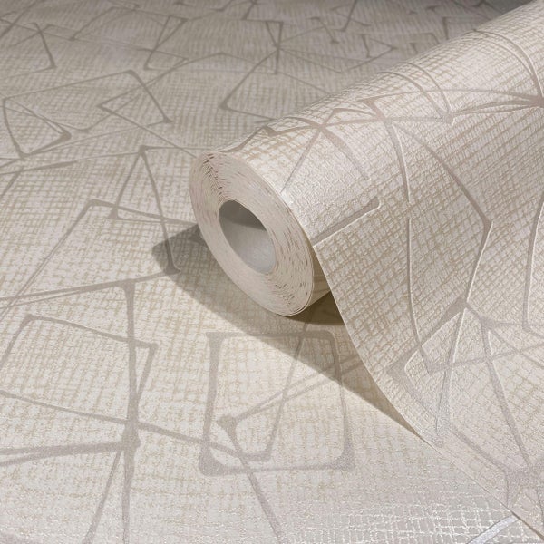 Eine Tapetenrolle mit geometrischem Muster aus feinen Linien und einer strukturierten Oberfläche.