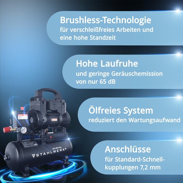 Stahlwerk ST-98 PRO Kompressor mit Informationen zu Technologie, Geräuschpegel, System und Anschlüssen