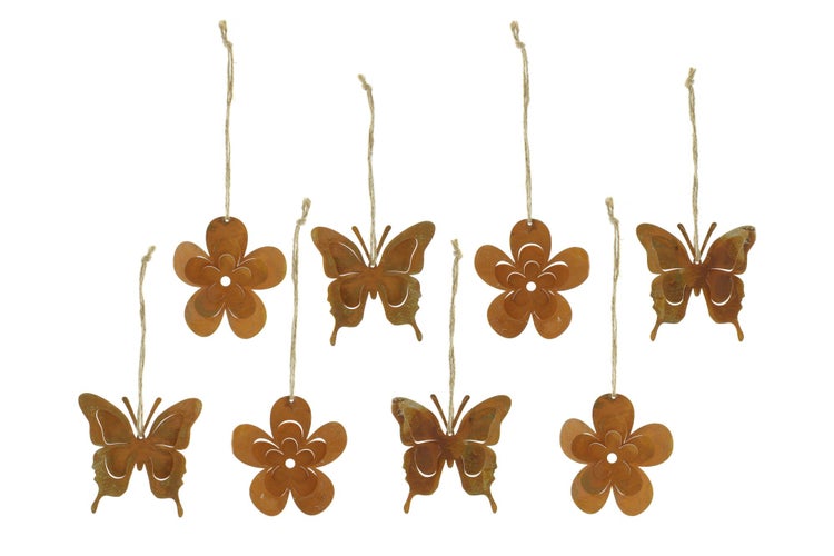 FRANK FLECHTWAREN | Hänger Rostoptik, 8er Set, METALL, Blume Ø 8 cm, Schmetterling Ø 9 cm