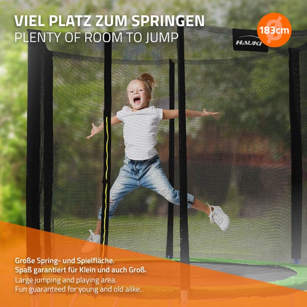 Hauki Trampolin Outdoor, Ø183 cm, Grün, GS geprüft, Rundes Gartentrampolin für Kinder bis 100 kg, Komplettset mit Sicherheitsnetz, Leiter, Randabdeckung, Gepolsterte Stangen, Stabile Kindertrampolin