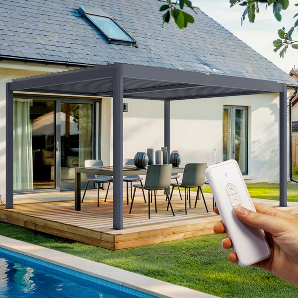 Pergola bioklimatisch aus grauem Aluminium SANTA 4x3m - elektrisch verstellbares Lamellendach