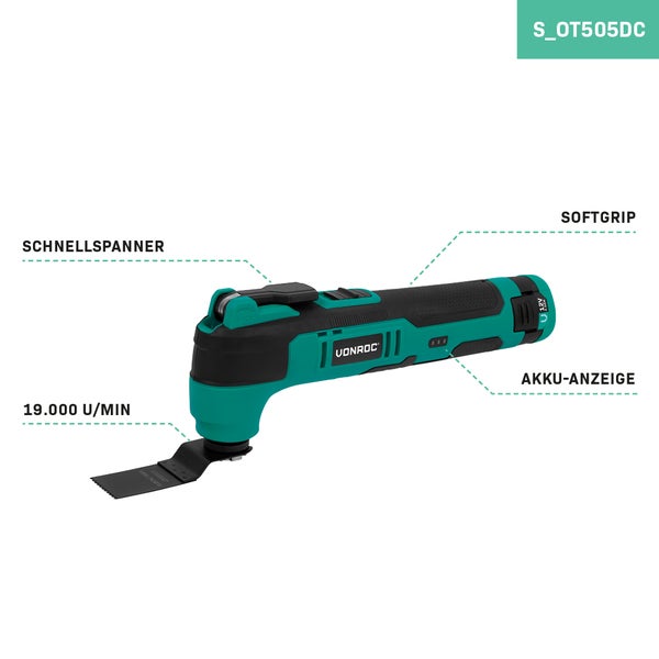 Akku-Multitool VONROC S_OT505DC mit Schnellspanner, Softgrip, Akku-Anzeige und 19000 Umdrehungen pro Minute.