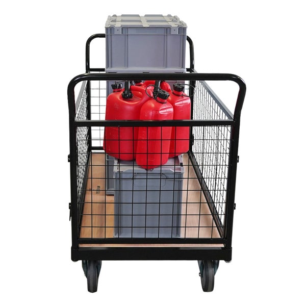 Transportwagen mit Gitteraufbau, beladen mit Kanistern und Kunststoffboxen