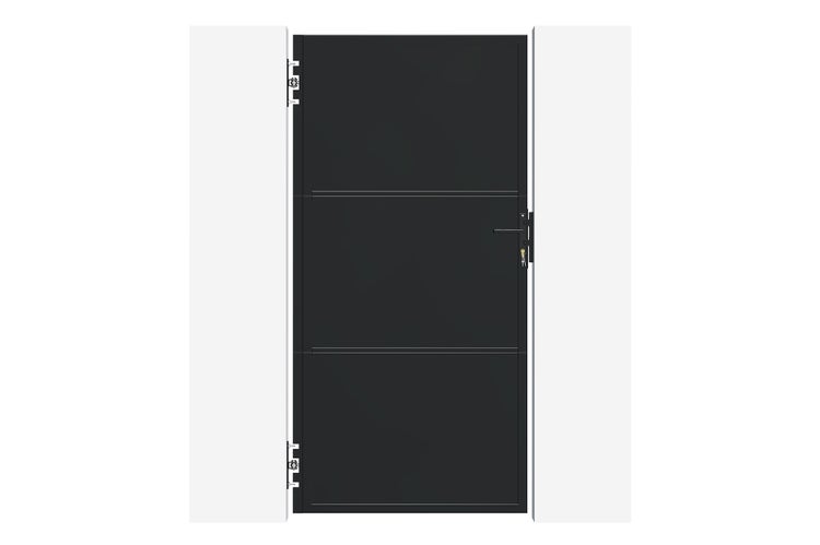 Modernes schwarzes Gartentor aus Metall mit drei horizontalen Paneelen, Drückergarnitur und Schloss.