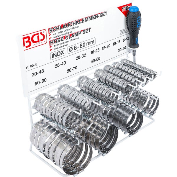 Schlauchklemmen-Set aus Edelstahl Inox, 110-teilig, Größen 8 bis 80 Millimeter, inklusive Steckschlüssel mit Griff, im Verkaufsständer.