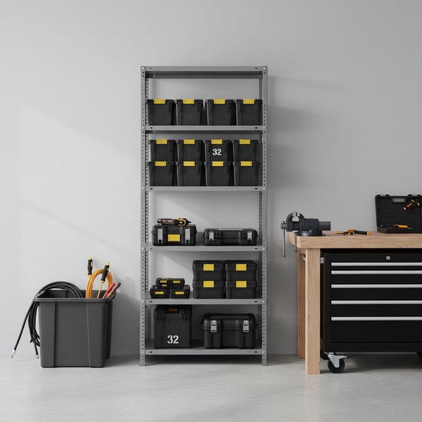 Organisierte Werkstatt mit grauem Metallregal, schwarzen Werkzeugboxen, einer Holz-Werkbank mit Schraubstock und einem fahrbaren Werkzeugschrank.